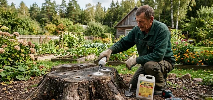 Cheminis kelmų naikinimas: kaip ištirpdyti sodo kliūtis be kirtiklio ir ekskavatoriaus