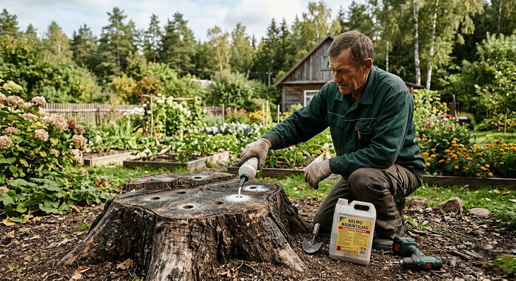 Cheminis kelmų naikinimas: kaip ištirpdyti sodo kliūtis be kirtiklio ir ekskavatoriaus Cheminis kelmų naikinimas: kaip ištirpdyti sodo kliūtis be kirtiklio ir ekskavatoriaus