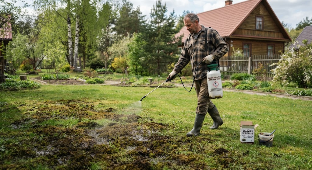 Vejos samanų naikinimas geležies sulfatu Vejos samanų naikinimas geležies sulfatu